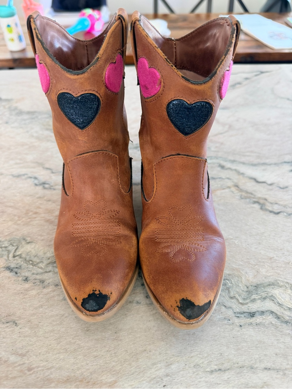 Tucker + Tate Brown Kids Cowboy Boots with Pink and Black Heart Accents